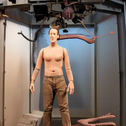 Image similar to animatronic Mark Zuckerberg, exposed mechanics, photo, Stan Winston studios, detailed, 4k