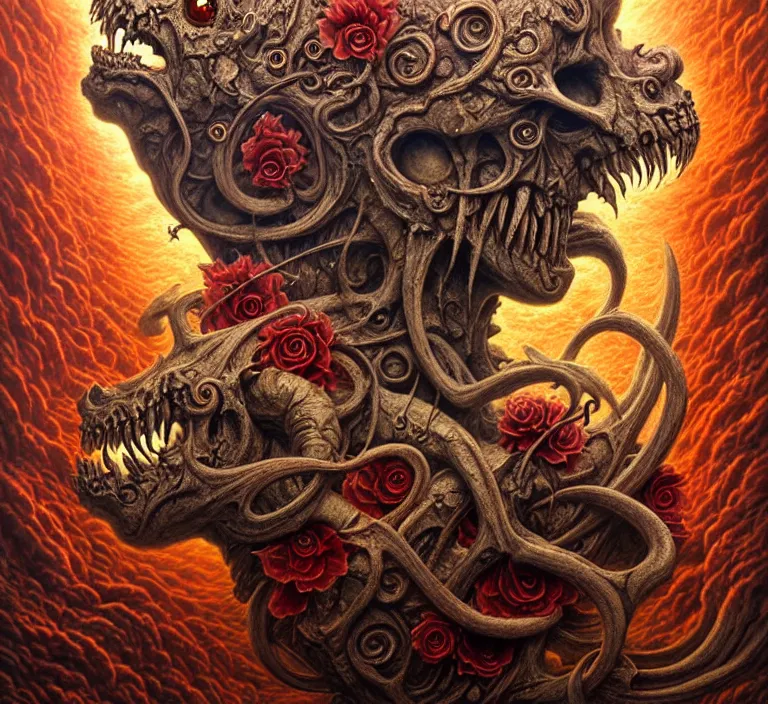 Image similar to A beautiful detailed grotesque monster super cute tarot card, by tomasz alen kopera and Justin Gerard, symmetrical features, ominous, magical realism, texture, intricate, ornate, royally decorated, skull, skeleton, whirling smoke, embers, red adornements, red torn fabric, radiant colors, fantasy, trending on artstation, volumetric lighting, micro details, 3d sculpture, ray tracing, 8k, anaglyph effect, digital art