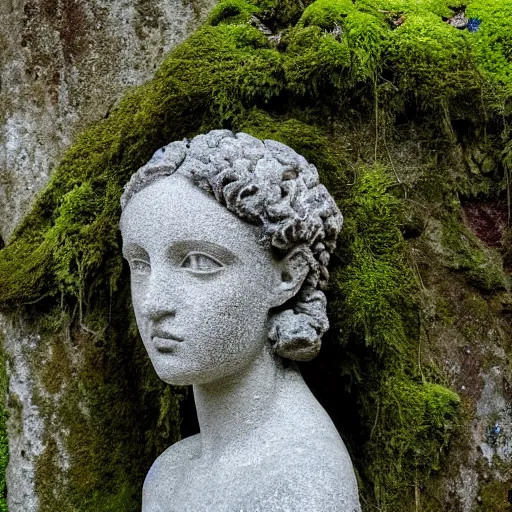 Image similar to a sculpture of a beautiful woman's head as an intricate, delicate tracery of stone, forming a beautiful ancient monument, slowly being covered by moss and lichen