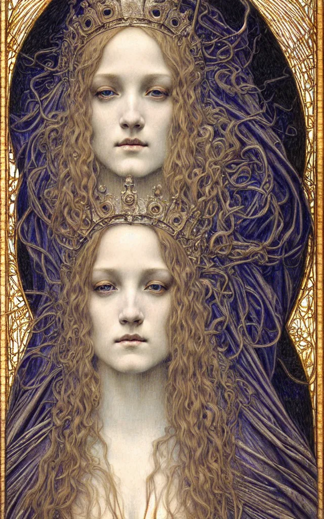 Image similar to detailed realistic beautiful young medieval queen face portrait by jean delville, gustave dore and marco mazzoni, art nouveau, symbolist, visionary, gothic, pre - raphaelite. horizontal symmetry