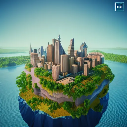 Image similar to manhattan on a floating island in the sky, waterfalls falling down, low poly art, isometric art, 3d render, ray tracing, high detail, artstation, concept art, behance, smooth, sharp focus, ethereal lighting, octane render