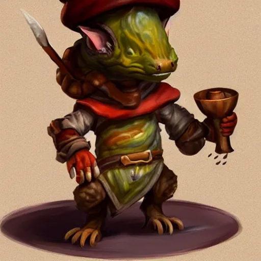 Image similar to stylized D&D character, a small kobold wearing a large chef hat working in a tavern kitchen, warm colors, digital art by Artgerm, James Zapata, concept art, beautiful, highly detailed, trending on artstation