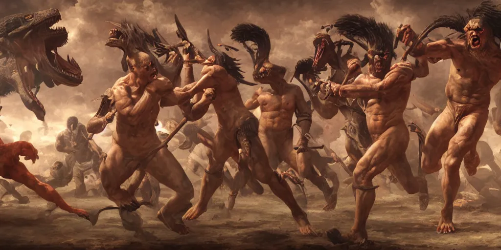 Image similar to Dark Skinned Orc Barbarian in a Roman style Coliseum wins in a foot race against of a Velociraptor, Oil Painting, hyperrealistic, octane render, Detailed Digital Art, RPG scene, William-Adolphe Bouguereau, Michael Cheval, dynamic lighting, Highly Detailed, Cinematic Lighting, 8k, HD