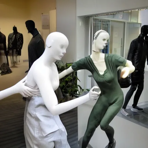 Image similar to a computer programmer getting dragged away by mannequins