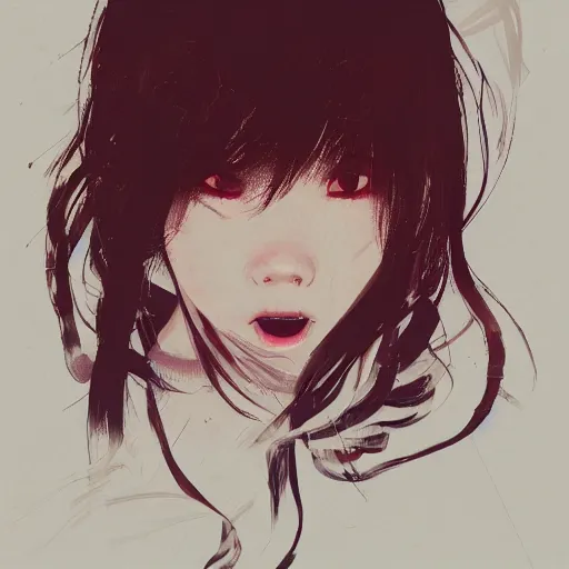 Image similar to full body portrait of a korean schoolgirl with long hair and bangs, her arms are mutating into thin red tedrils, dramatic lighting, illustration by Greg rutkowski, yoji shinkawa, 4k, digital art, sci-fi horror concept art, trending on artstation