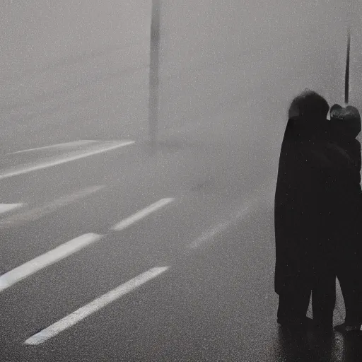 Image similar to an emotional dark picture of two shadowy figures hugging each other, it is raining heavily, 35mm, motion blur