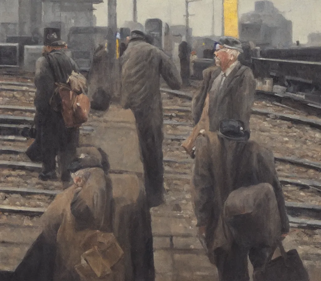 Prompt: Old man with a newsboy hat waits for a train with heaps of baggage on a platform, trains in the background, low angle, morning hard light, oil on canvas