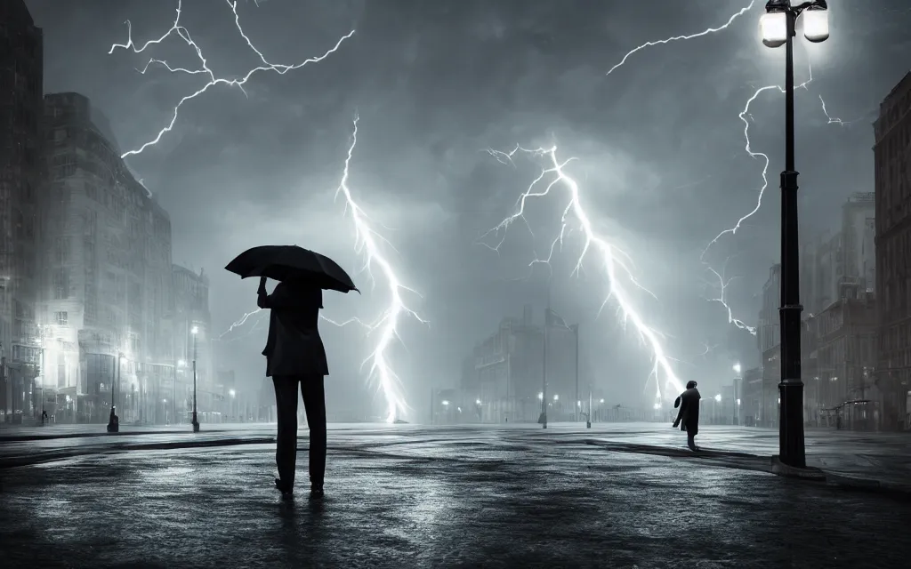 Image similar to lightning hitting man with umbrella standing on the street, atmospheric, mist, epic, photorealistic, realistic, rule of thirds, extremely detailed, 4 k, 8 k, unreal engine 5 render, rim lighting, rtx, ray traced lighting, shot on 3 5 mm, film grain