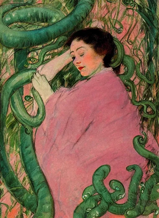 Prompt: vintage beautiful painting of a woman having a nightmare about overgrown green plants and tentacles are attacking her in a winter colour themed palette in Mary Cassatt style