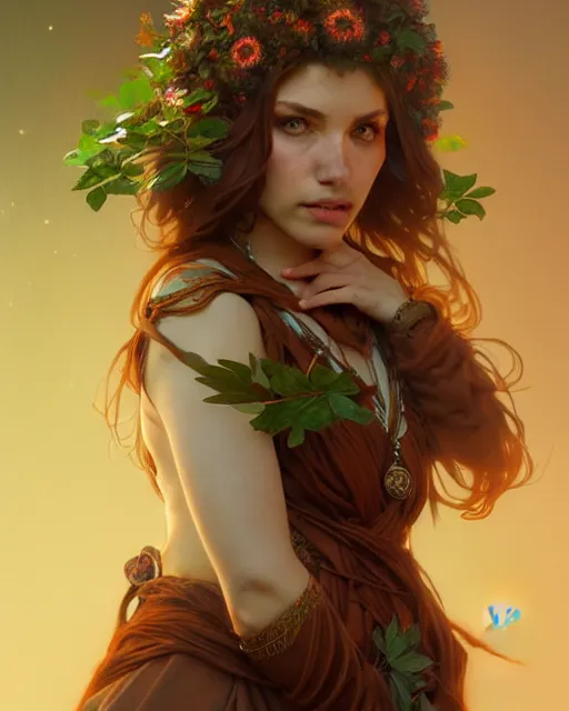 Prompt: beautiful female druid, portrait, fantasy, young, perfect eyes, detailed, sketch, intricate, leaves and simple cloth, dynamic lighting, digital art, digital painting, artstation, wlop, sharp focus, illustration, art by artgerm and greg rutkowski and alphonse mucha, 8 k