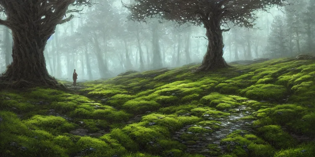 Image similar to beautiful oil painting of a rocky field with moss, a tree with blue leaves, glowing, gloomy, atmospheric lighting, detailed, by greg rutkowski, trending on artstation