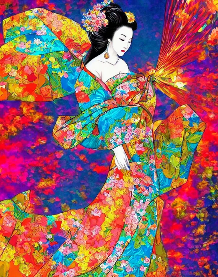 Image similar to semi semi realistic digital painting!! beautiful geisha flying over a colorful city, dramatic, xray melting colors!!