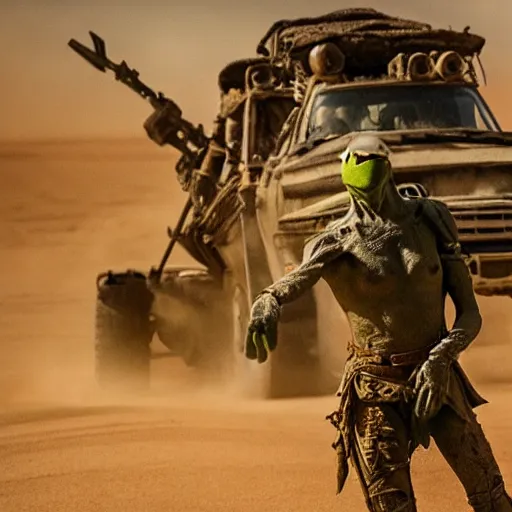 Image similar to kermit as a warlord in madmax fury road, 4 k, high detail, high - resolution photograph, professional photography, ultra - detail