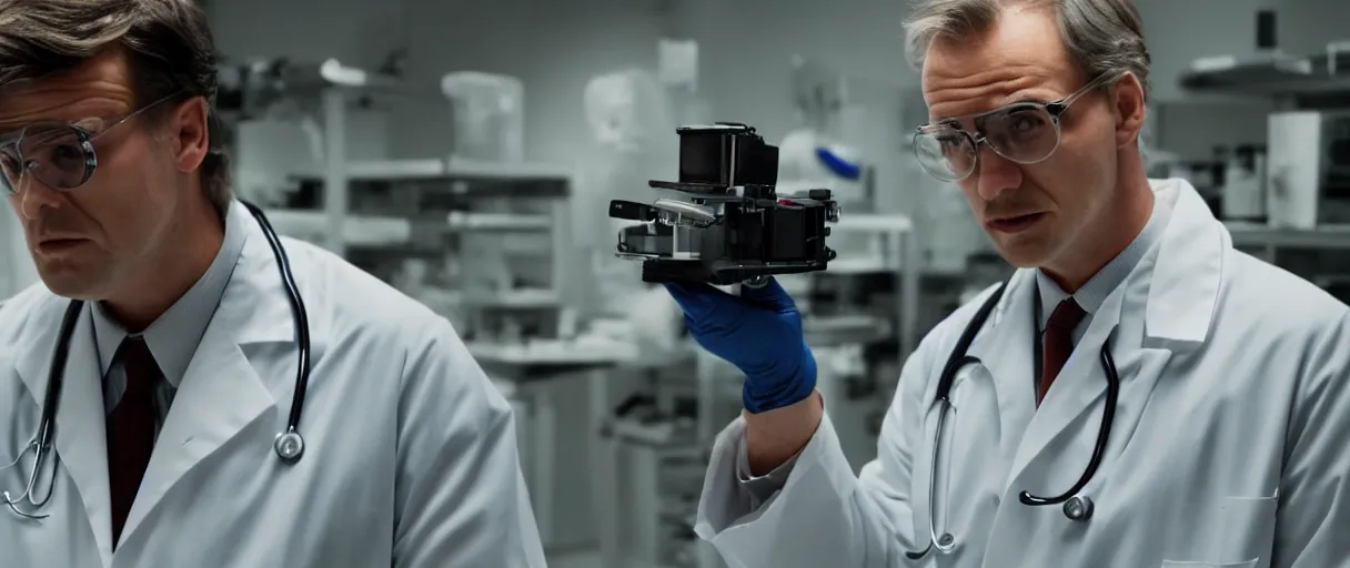 Image similar to filmic dutch angle movie still 4 k uhd 3 5 mm film color photograph of a shocked but intrigued doctor looking down at a dangerous re - animated specimen in a lab