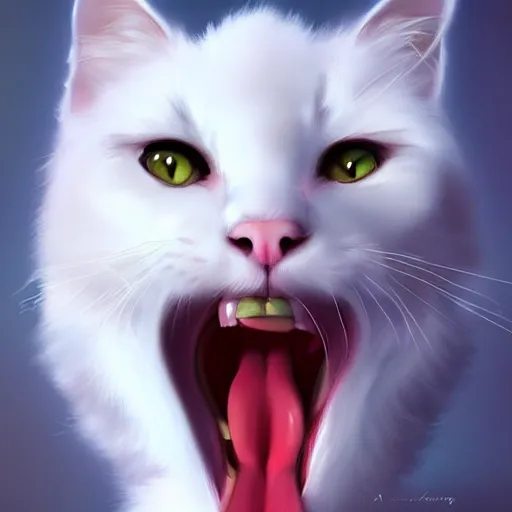 Prompt: white fluffy cat screaming, artstation, ultradetailed, digital painting, artstation, by artgerm