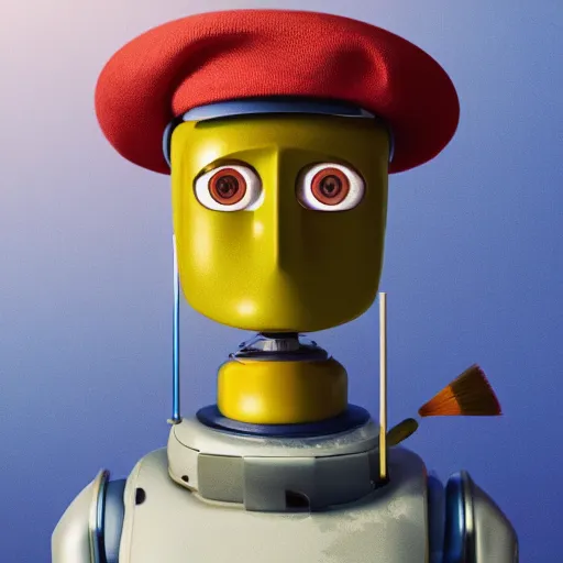 Prompt: portrait of a robot with a moustache wearing beret holding big paintbrush, big head, high detail, beautiful light, depth of field, sharp focus, clean design, 4 k, pixar, low saturation, octane render