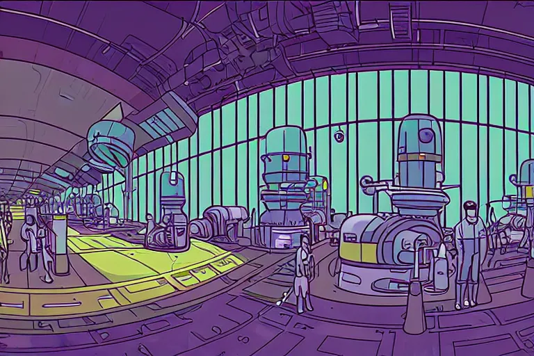 Image similar to a scifi illustration, factory interior. top down fisheye view. vats of fluid. and many workers. flat colors, limited palette in FANTASTIC PLANET La planète sauvage animation by René Laloux