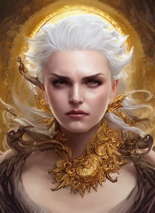 Prompt: fullbody!! dynamic movement pose, beautiful woman with white hair, big natural horns on her head, gold jewellery, dnd, face, fantasy, intricate, elegant, highly detailed, digital painting, artstation, concept art, smooth, sharp focus, illustration, art by artgerm and greg rutkowski and alphonse mucha