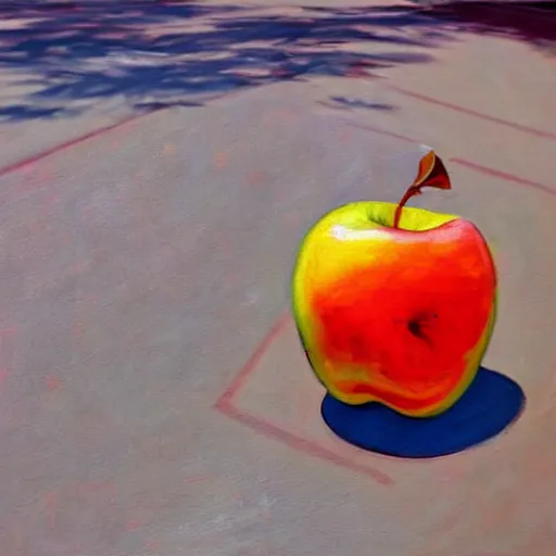 Image similar to a painting of an apple on the sidewalk on the street of marrakesh