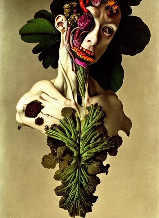 Image similar to beautiful rotten woman morphing into plants and many different types of beautiful flowers, muscles, organs, surreal, miguel angel, gustave courbet, caravaggio, romero ressendi, gunther von hagens