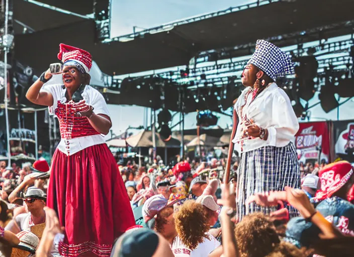 Image similar to photo still of aunt jemima in period attire at vans warped tour!!!!!!!! at age 4 0 years old 4 0 years of age!!!!!!! on stage tossing pancakes into the crowd, 8 k, 8 5 mm f 1. 8, studio lighting, rim light, right side key light