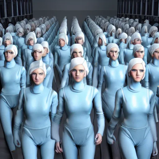 Image similar to troop of cloned women with white bob hairdos, tight light blue neopren suits, futuristic production facility, sci - fi, highly detailed, cinematic