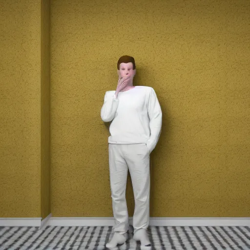 Image similar to 3 d render of jerma 9 8 5, jerma, in a liminal space, non - euclidean space, worn mono - yellow wallpaper, old moist carpet, inconsistently - placed fluorescent lighting, high octane, blender, 3 d render