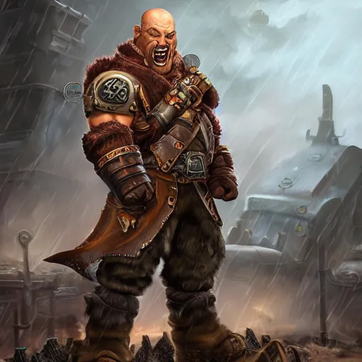 Prompt: portrait of a muscular, bald orc mechanic, wearing a heavy brown leather coat, wielding a wrench, steampunk setting, gears, airship, Warcraft character, dramatic lighting, high detail, digital art