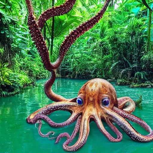 Image similar to a jungle, river with low hanging plants, flowers on the water, there is a giant octopus climbing up a tree, great photography, ambient light