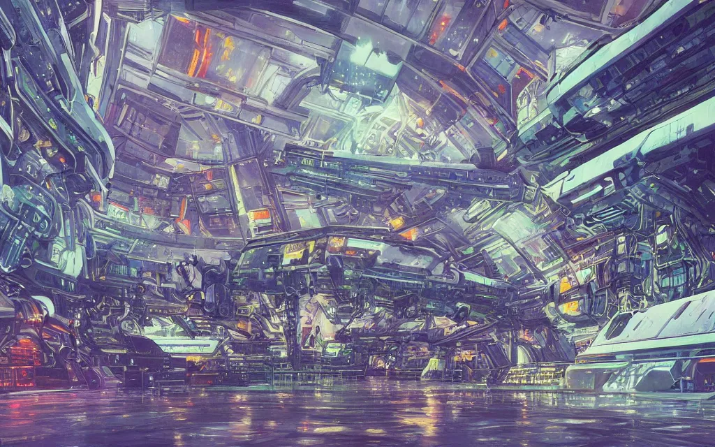 Image similar to A beautiful painting of interior hangar of a futuristic science fiction space station, very big mecha-robot in centre, contrast light, neon, intricate, highly detailed, digital painting, illustration by dave gibbons, dave gibbons style, trending on artstation