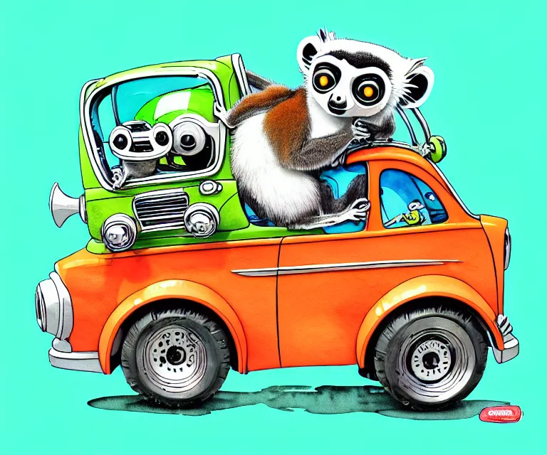 Prompt: cute and funny, lemur wearing a helmet riding in a tiny hot rod with oversized engine, ratfink style by ed roth, centered award winning watercolor pen illustration, isometric illustration by chihiro iwasaki, edited by beeple, tiny details by artgerm, symmetrically isometrically centered
