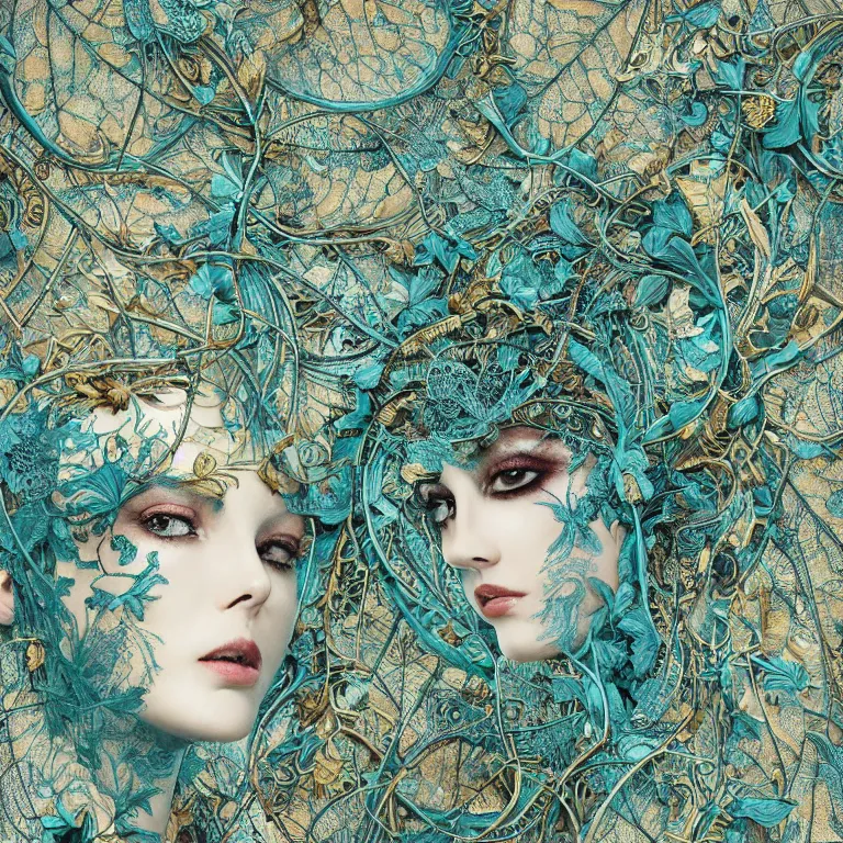 Prompt: dark scene, ultra detailed, of a porcelain woman's face made of big leaves and large Dragonflies, stems, roots, fine foliage lace, turquoise gold details, high fashion haute couture, art nouveau fashion embroidered, intricate details, mesh wire, mandelbrot fractal, anatomical, facial muscles, cable wires, elegant, hyper realistic, dark flower pattern wallpaper, ultra detailed