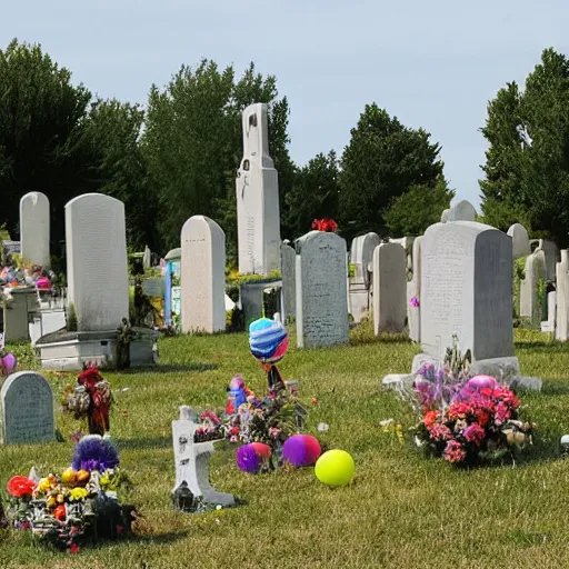 Prompt: photo of a cemetery for clowns