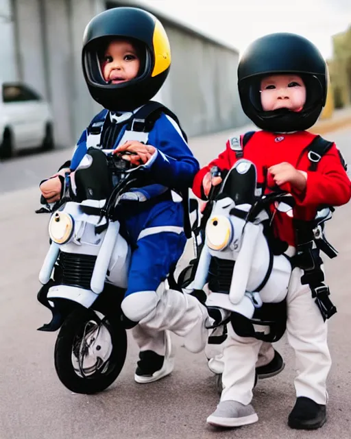 Image similar to cute toddlers wearing flight suits and motorcycle helmets, fly to school using their jet packs, hyperreal