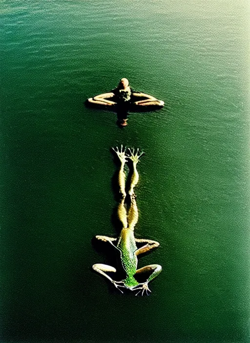 Image similar to “semitranslucent smiling frog vertically hovering over misty lake waters in crucifix pose, low angle, long cinematic shot by Andrei Tarkovsky, paranormal, eerie, mystical”