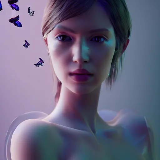 Prompt: a very beautiful dreamy hyper realistic portrait of a beautiful! glossy glass artificial woman made of transparent glossy glass skin surrounded with glowing butterflies, rendered by beeple, by makoto shinkai, syd meade, space art concept, sci - fi, digital art, unreal engine, wlop, trending on artstation, 4 k uhd image, octane render