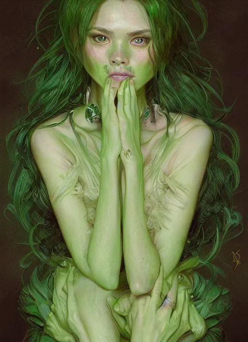 Image similar to portrait of beautiful green skin cute goblin girl, fantasy, D&D, intricate, elegant, highly detailed, digital painting, artstation, concept art, smooth, sharp focus, illustration, art by artgerm and greg rutkowski and alphonse mucha and Gustav Klimt