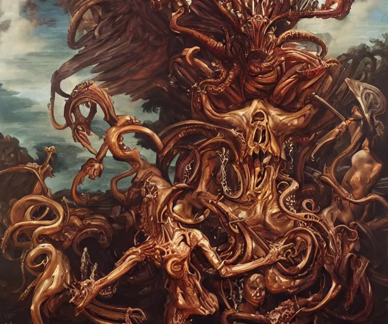 Image similar to elegant renaissance painting of rooster final boss bodybuilder vecna battle, art by alex ross and peter mohrbacher, epic biblical depiction, flesh and bones, fangs, teths and tentacles, corpses and shadows!