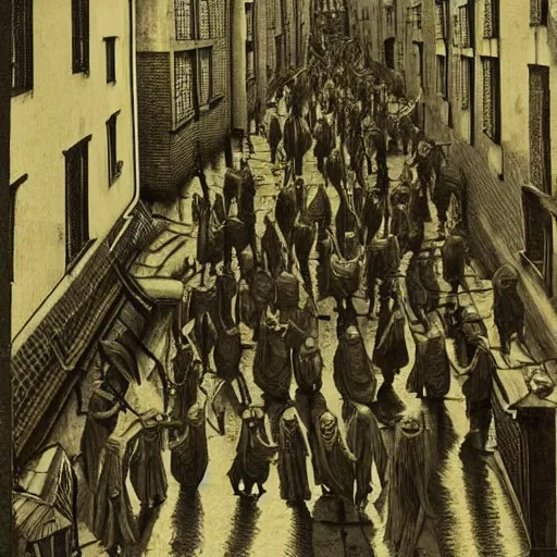 Prompt: men and women captured by evil walking the streets. footage of terrifying disfigured people roaming dark streets, very gory hyperrealistic vivid horror. photographed by m. c. escher in full colour hd hdlr