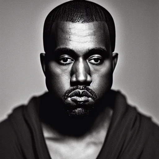 Image similar to a chiaroscuro lighting portrait of kanye west dressed as rick owens, black background, portrait by julia margaret cameron, shallow depth of field, 8 0 mm, f 1. 8