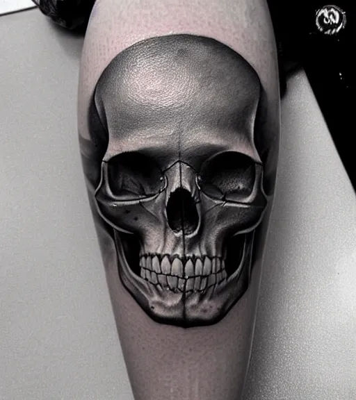 Image similar to a tattoo design of a creative skull, in the style of den yakovlev, hyper realistic, black and white, realism, highly detailed