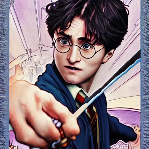 Prompt: harry potter perfect coloring, low saturation, epic composition, masterpiece, bold complimentary colors. stunning masterfully illustrated by artgerm, range murata, alphonse mucha, katsuhiro otomo