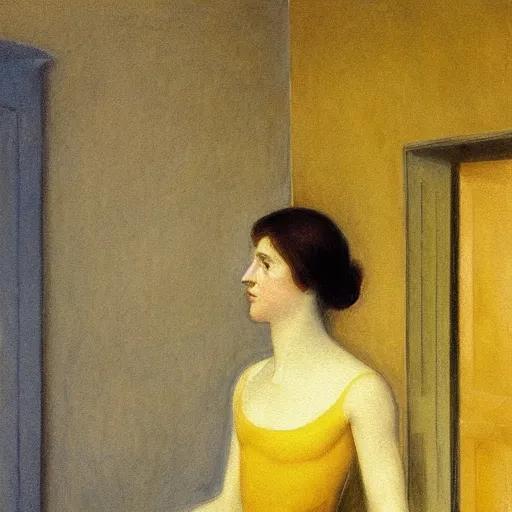 Image similar to close up of a girl in a blue and gold haunted liminal abandoned room, watercolor by canova, by hammershøi, art noveau, highly detailed, lights by edward hopper, liminal, eerie, bright pastel colors