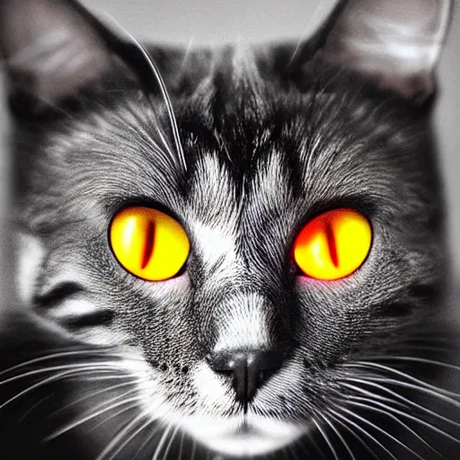 Image similar to a cat, glowing inferno eyes,black background, hyper realistic