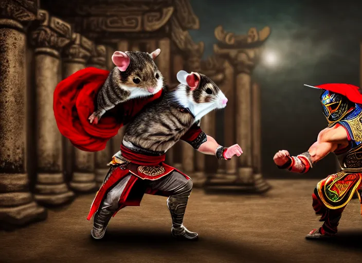 Image similar to hamster dressed as shao khan fights a cat dressed as kung lao in mortal kombat on the background of an ancient temple. fantasy magic style. highly detailed 8 k. intricate. lifelike. soft light. sony a 7 r iv 5 5 mm. cinematic post - processing