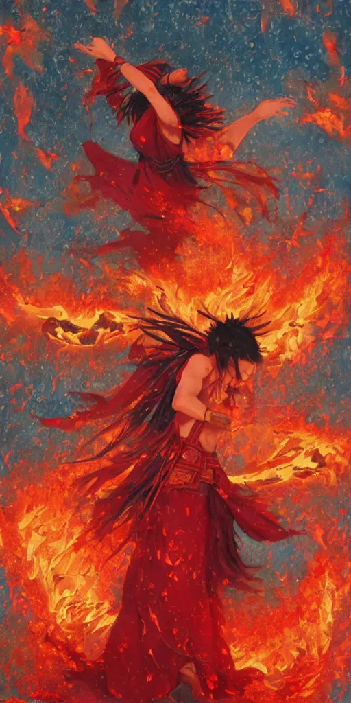 Image similar to shaman dancing under a rain of fire and ruby, art by Hirano Miho and Kotak Bella and Kawase Hasui and Keene Lisa, Trending on artstation