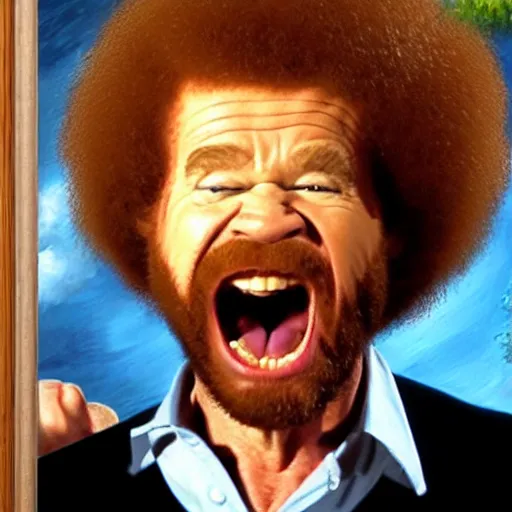 Prompt: insanely angry bob ross screaming at an ugly painting