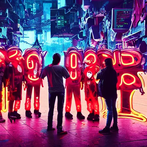 Image similar to a group of people standing around a giant bloody wounded head of mickey mouse, neon netflix logo, cyberpunk art by david lachapelle, cgsociety, sots art, dystopian art, reimagined by industrial light and magic, dark obscure neon concept art