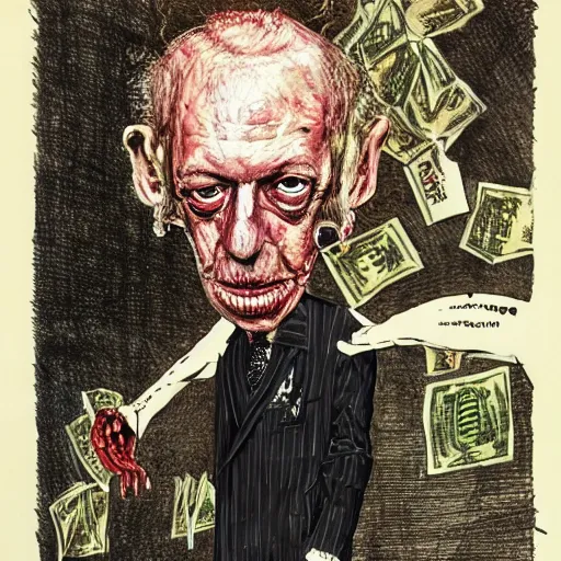 Image similar to Jacob Rothschild full body shot, dollar bills Body horror, biopunk, by Ralph Steadman, Francis Bacon, Hunter S Thompson