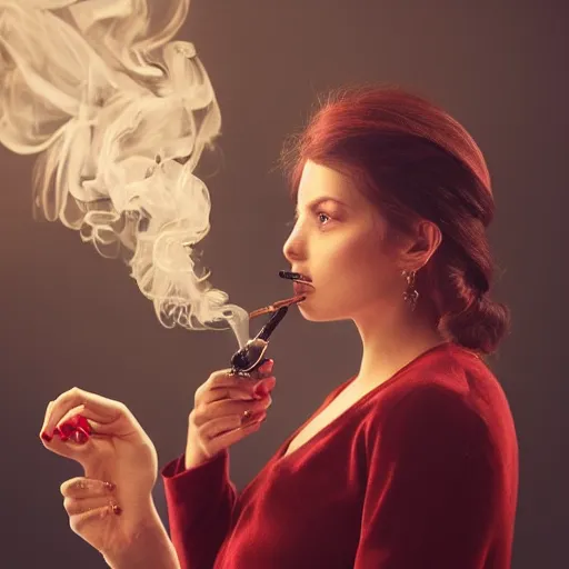 Image similar to the most beautiful woman in the world smoking a pipe. sharp colour photograph. soft lighting. depth of field. trending on artstation.